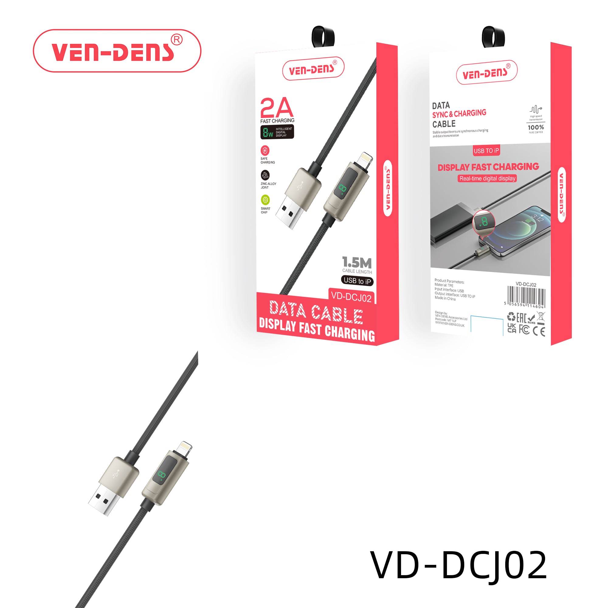 Ven-Dens VD-DCJ02 Display Fast Charging USB A To Lightning Charging Cable